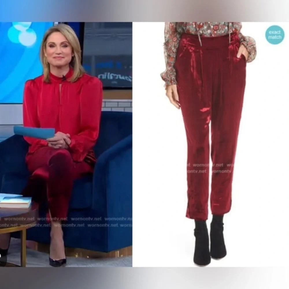 Msrp $280 Ramy Brook Red Velvet Elastic Tapered Legs Waist Pants Size Xs